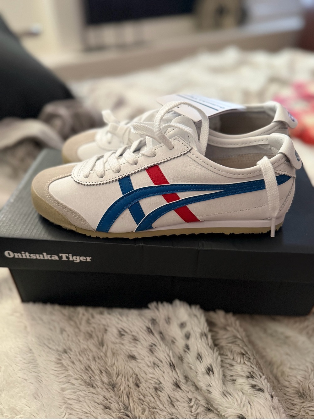 Onitsuka Tiger by Asics White Sneakers with Blue & Red Stripes